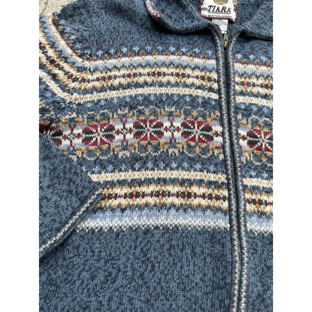 Vintage 90s Zip Up Cardigan Sweater Womens Large Blue with Pattern Tiara Intl - Picture 6 of 6